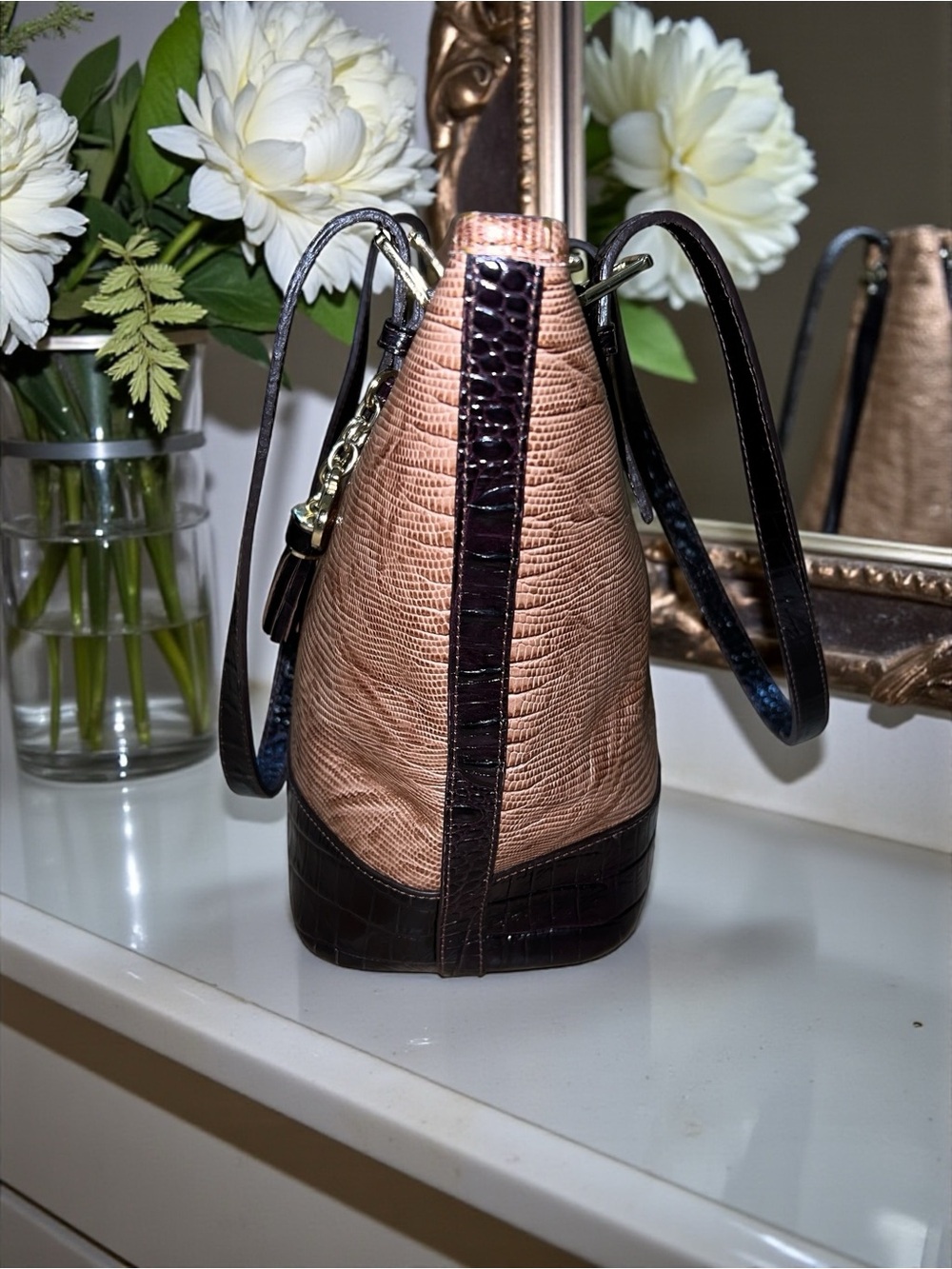 Pristine! Brahmin Leather Medium Asher Shoulder Bag, Gold Brown Croco & Lizard - Picture 4 of 13